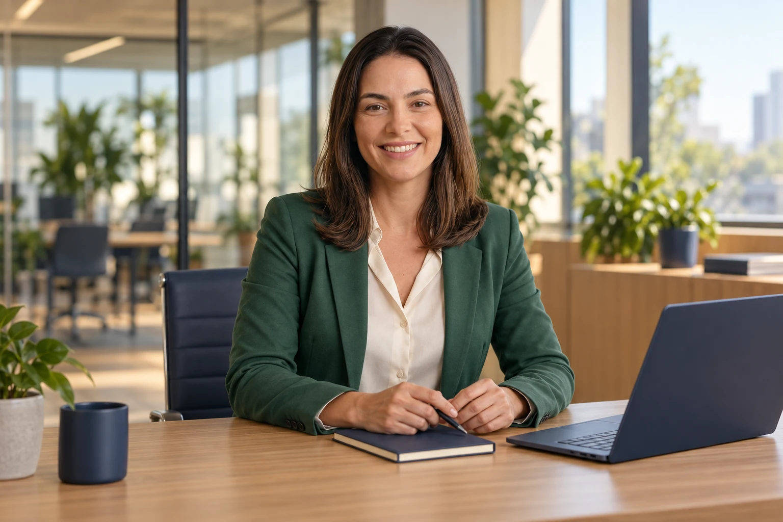 Apresentadora da Rakero com blazer verde, sentada à mesa com um notebook em uma conversa de atendimento