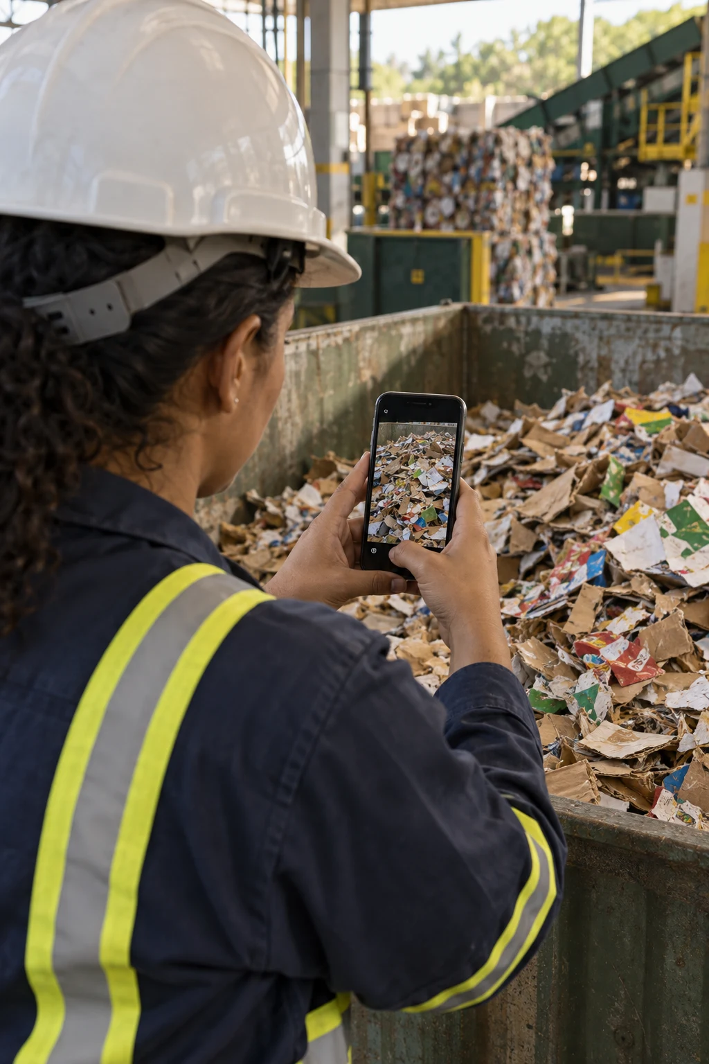 Operadora registrando evidências dos materiais pelo celular no pátio de reciclagem